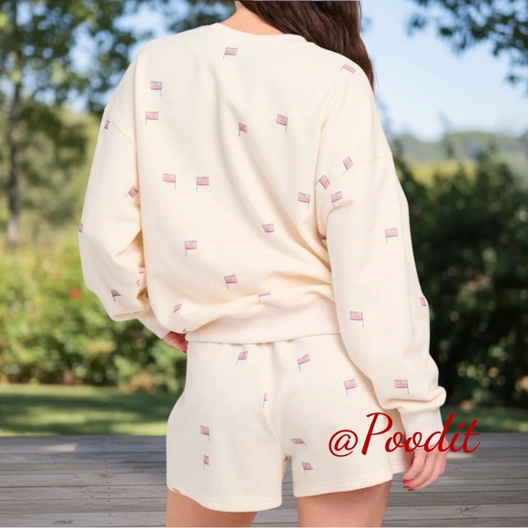 GILLI two piece French Terry cream flag print oversized shorts outfit S M L - Picture 4 of 7